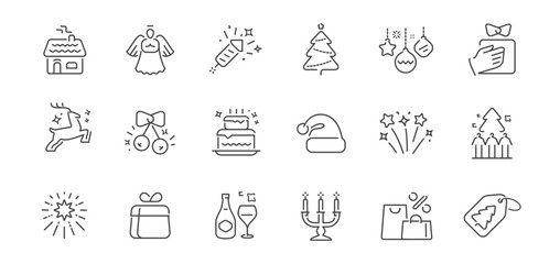 Fototapeta premium Christmas icons set. New Year celebration concept. Winter holidays decoration linear symbols collection