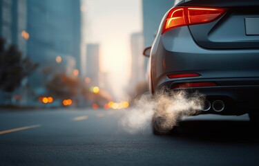 Black smoke from a car exhaust pipe on the road draws attention to air pollution and its effects on the environment.