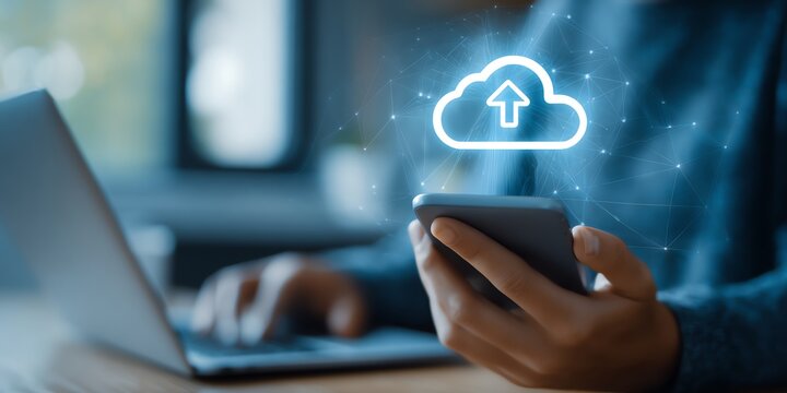 A person is using a smartphone to upload data to the cloud, with a laptop in the background. The image represents modern connectivity and digital communication. - Powered by Adobe