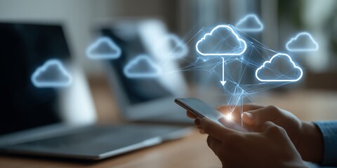 A person using a smartphone to access cloud storage with digital cloud icons, symbolizing data sharing, connectivity, and innovation in the digital age