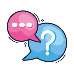 Two colorful speech bubbles one pink with ellipses and one blue with a question mark isolated on transparent background