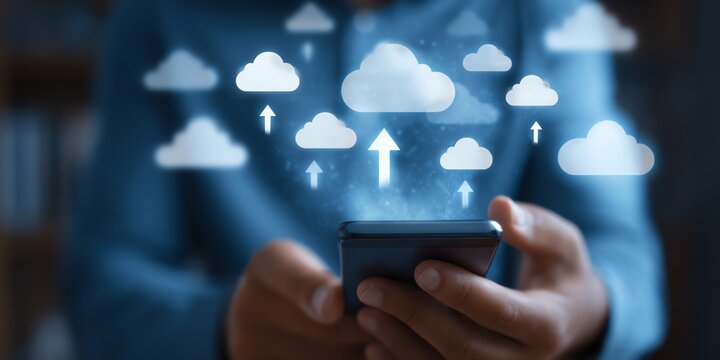 A person holding a smartphone with cloud icons indicating data transfer. This image highlights the integration of technology and cloud computing in everyday life. - Powered by Adobe