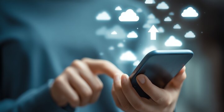 A person interacting with a smartphone, surrounded by digital cloud icons symbolizing data upload and connectivity in modern technology.