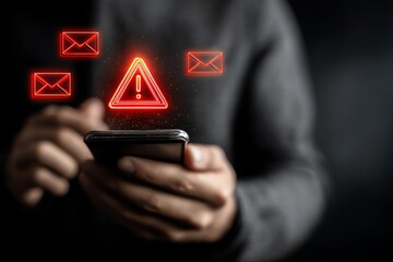 A person holding a smartphone with alert notifications displayed on the screen