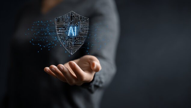 A person holds a holographic shield symbolizing artificial intelligence, illustrating cybersecurity and digital innovation in a futuristic context.