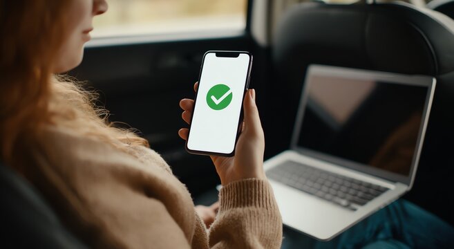 A person checks their smartphone displaying a green checkmark while sitting in a car. A laptop is open beside them, highlighting the integration of technology in daily life.