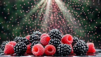 Close-up of fresh blackberries and raspberries with light sprinkling of water droplets under soft sunlight - Powered by Adobe