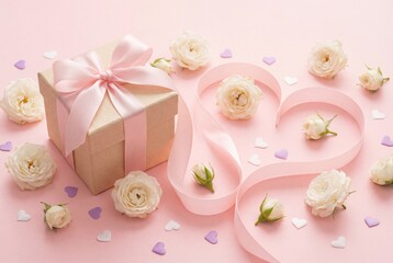 Ribbon in shape of heart with gift boxes and rose flowers on pink background. Happy Valentines day, Mothers day, birthday concept. Romantic flat lay composition.