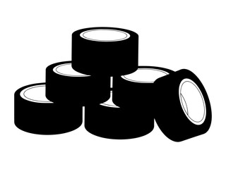 Stack of black electrical tape rolls on a white background.