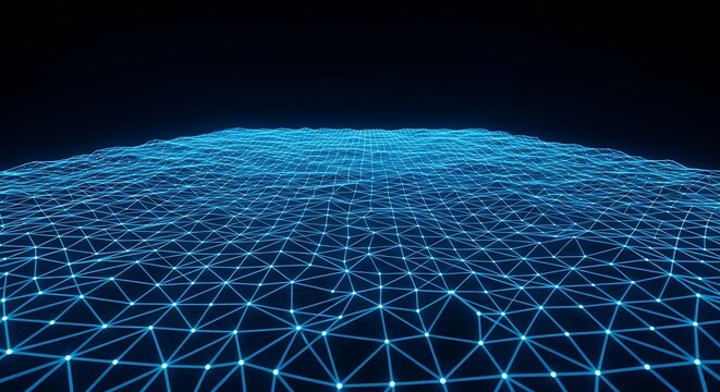 A glowing blue digital network grid with interconnected nodes and lines, representing data flow and connectivity.
