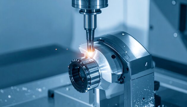 Industrial machine cutting a metal part with precision
