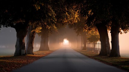 Autumn Avenue Silhouette Against Soft Amber Glow