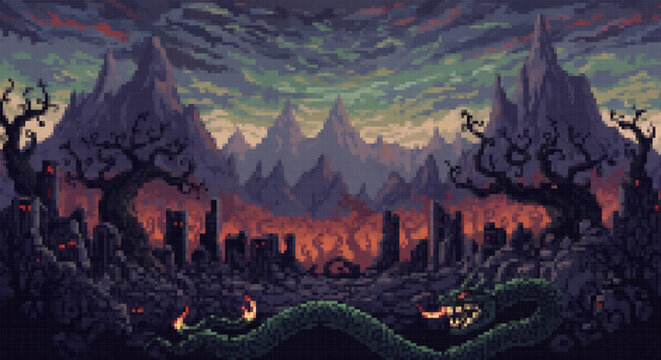 Pixel art giant green serpent guarding ruined city remnants against a backdrop of jagged mountains and a cloudy sky in a dark fantasy setting.