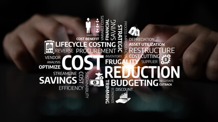 This visually compelling image depicts hands on a keyboard with various terms associated with cost...