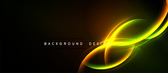 Abstract design features flowing orange, yellow, green light curves against dark background. Text reads background design. Simple, modern aesthetic.