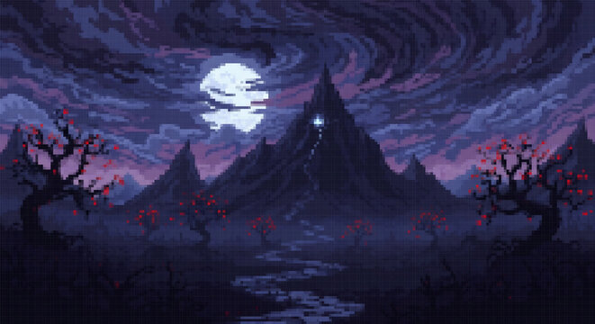 Pixel art mystical mountain peak with a glowing shrine at the summit, surrounded by red-leafed trees under a swirling purple night sky.