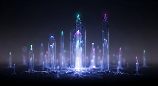 Abstract visualization of glowing energy pillars rising from a dark surface, representing data or power.