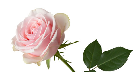 Delicate Pink Rose with Green Leaves on Black Background flower bloom isolated on a transparent background