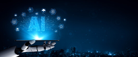 AI brain processes big data with generative AI, LLMs, and machine learning to support business...