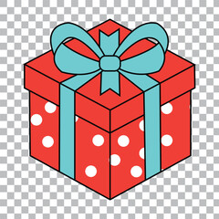 Red gift box with white polka dots and a blue ribbon for xmas .