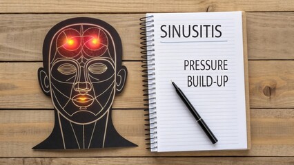 A flat lay of sinusitis with face outline and notebook