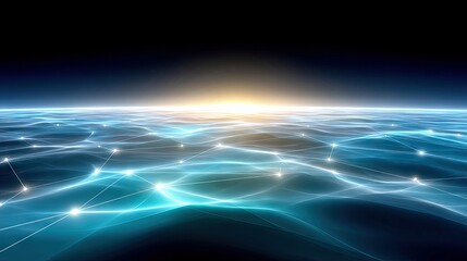 An abstract digital network of glowing blue lines and nodes overlays a stylized, wavy ocean surface. A bright sunrise or horizon glow illuminates the scene from