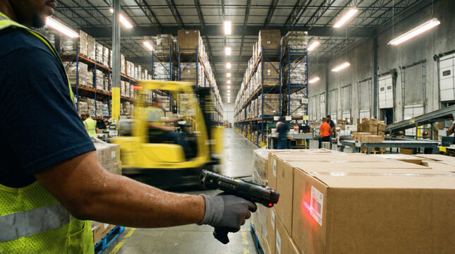 Warehouse worker scanning barcode on cardboard box with motion blurred forklift - Powered by Adobe