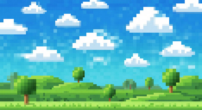 Pixel art bright landscape featuring rolling green hills, trees, and fluffy white clouds in a blue sky, classic retro game style.