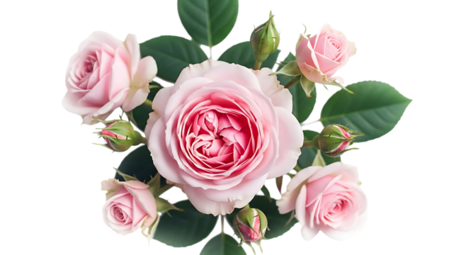 Delicate Pink Roses and Buds with Green Leaves Isolated on Black Background flower floral isolated on a transparent background