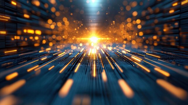 An abstract digital scene depicting a futuristic tunnel or data stream with glowing orange light streaks and bokeh effects against a dark blue background.