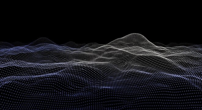 Abstract digital landscape with glowing particles forming undulating waves and hills against a dark background.