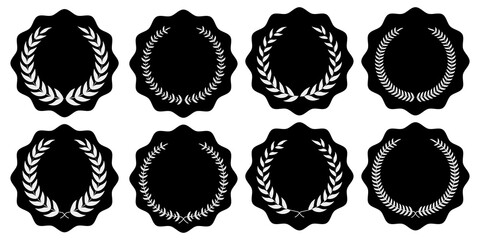 Award winner emblem collection featuring black laurel wreath silhouettes, classic victory branches, and bold text layouts ideal for certificates, recognition graphics, premium labels, and achievement 
