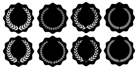 Award winner emblem collection featuring black laurel wreath silhouettes, classic victory branches, and bold text layouts ideal for certificates, recognition graphics, premium labels, and achievement 