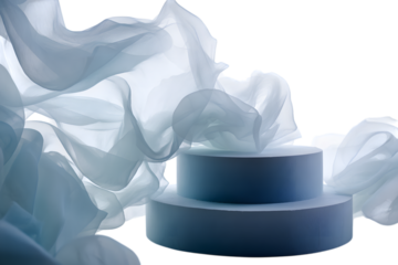 Twotiered blue podium with flowing fabric, isolated on transparent background