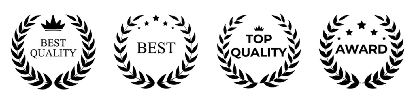 Black film festival award vector with laurel wreath silhouette, movie reel emblem, cinema prize symbol, and celebrity recognition icon ideal for academy awards, entertainment logos, and festival banne