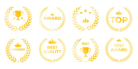 Golden laurel wreath trophy emblem featuring luxurious metallic leaf curves, refined circular victory frame, and premium award symbolism suitable for certificates, branding, and winner announcements