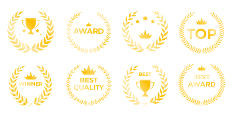 Golden laurel wreath trophy emblem featuring luxurious metallic leaf curves, refined circular victory frame, and premium award symbolism suitable for certificates, branding, and winner announcements

