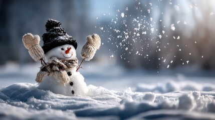 Happy Snowman Wears Black Winter Accessories