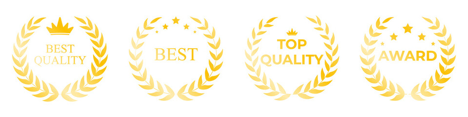 Collection of golden award laurels with bold winner text layouts, shining leaf crowns, and classic...