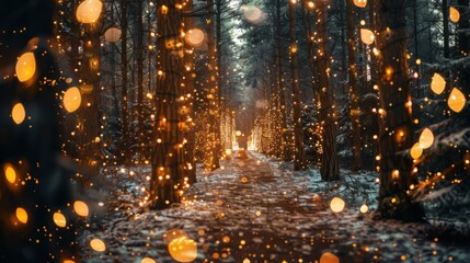 Magical forest with christmas trees and glowing lights