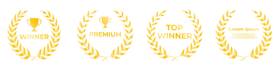 Golden film award badge featuring academy-style laurel wreath, shining cinema reel, premium star...