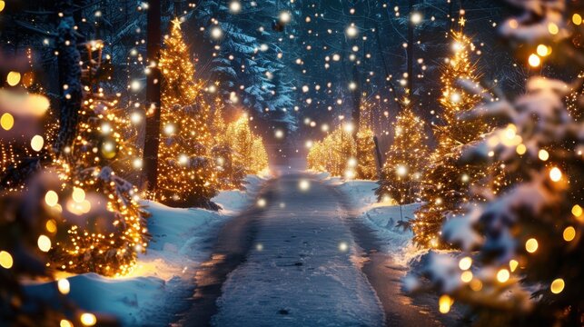 Magical forest with christmas trees and glowing lights
