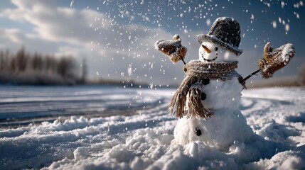 Happy snowman raises arms in soft winter wonderland scene