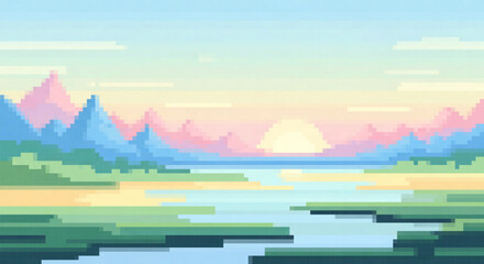 Pixel art sunset landscape with a large glowing sun setting over a calm lake surrounded by pastel mountains. © drawing lines