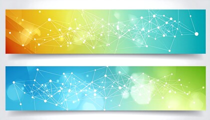 Abstract network banners with geometric connections, vibrant gradients, and soft bokeh light effects