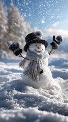 Happy snowman in winter landscape with raised arms and soft falling snow
