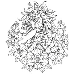 Horse in the flower garden hand drawn for adult coloring book