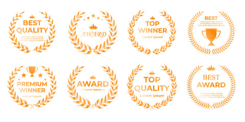 Award winner emblem collection in luxurious bronze featuring glowing laurel wreaths, bold winner...