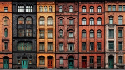 A diverse row of historic brick buildings showcasing varied architectural styles.