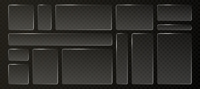 Glass liquid ui button set with transparent 3d effect - rectangle frame box elements in various sizes and proportions, glossy morphism style borders for modern interface design on dark background.